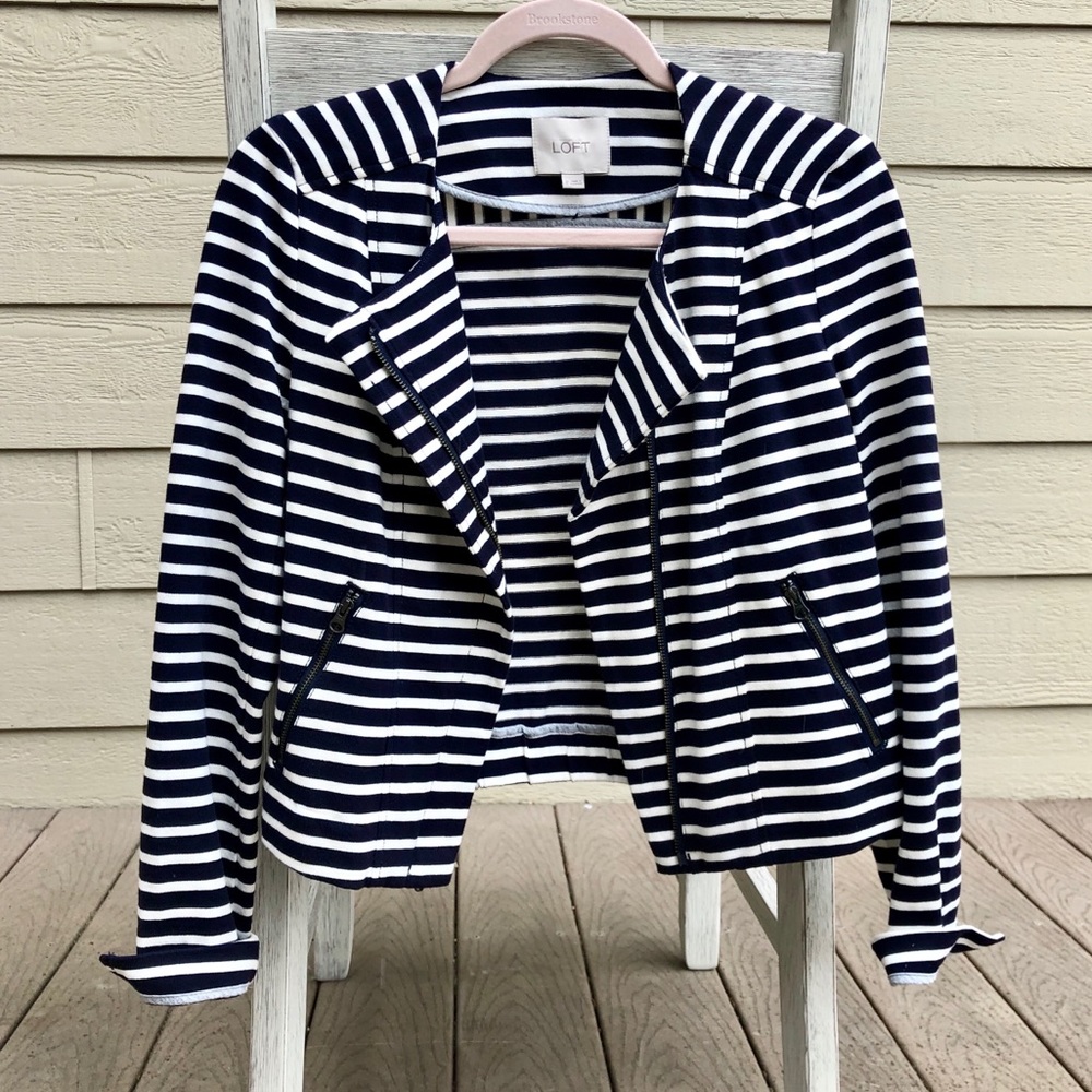 LOFT Navy Stripe Zip Up Cropped Blazer